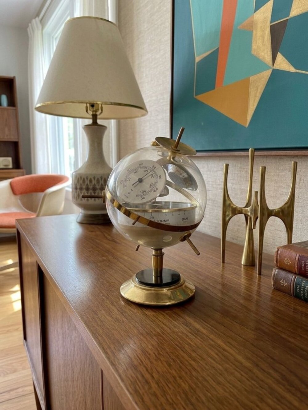 MCM Sputnik Brass Lucite Weather Station Thermometer Barometer West Germany